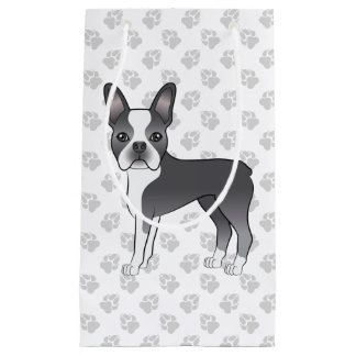 Blue And White Boston Terrier Cartoon Dog &amp; Paws Small Gift Bag