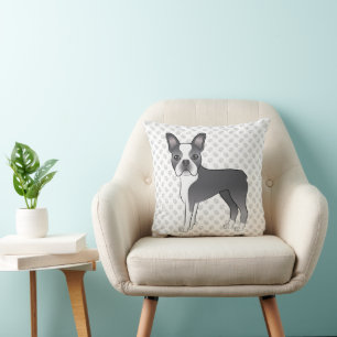 Blue And White Boston Terrier Cartoon Dog & Paws Throw Pillow