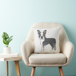 Blue And White Boston Terrier Cartoon Dog &amp; Paws Throw Pillow