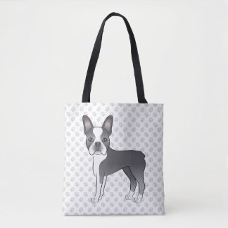 Blue And White Boston Terrier Cartoon Dog &amp; Paws Tote Bag