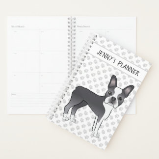Blue And White Boston Terrier Cartoon Dog &amp; Text Planner