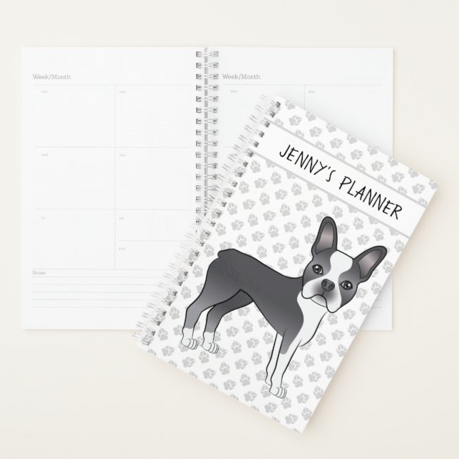 Blue And White Boston Terrier Cartoon Dog & Text Planner (Display)