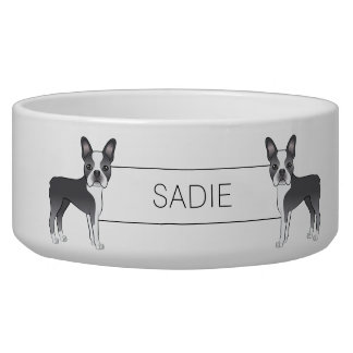 Blue And White Boston Terrier Cartoon Dogs &amp; Name Bowl