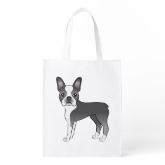 Blue And White Boston Terrier Cute Cartoon Dog Grocery Bag