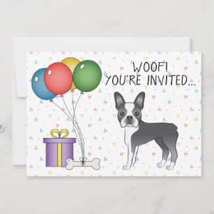 Blue And White Boston Terrier Cute Dog - Birthday Invitation