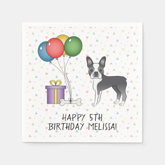 Blue And White Boston Terrier Cute Dog - Birthday Napkins (Front)