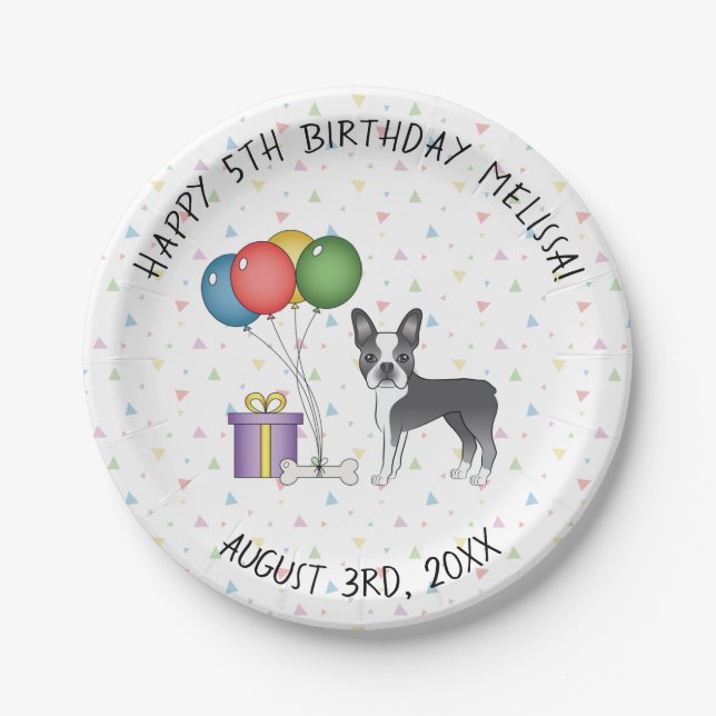 Blue And White Boston Terrier Cute Dog - Birthday Paper Plates (Front)