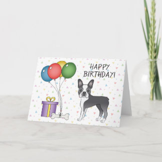 Blue And White Boston Terrier Dog Happy Birthday Card