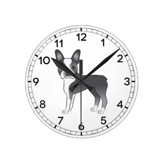 Blue And White Boston Terrier Dog Illustration Round Clock