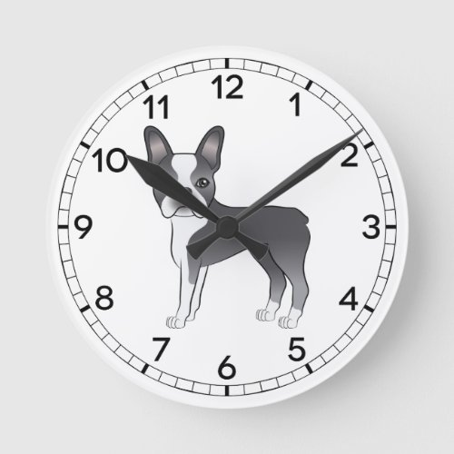 Blue And White Boston Terrier Dog Illustration Round Clock