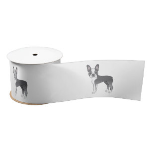 Blue And White Boston Terrier Dog Illustration Satin Ribbon