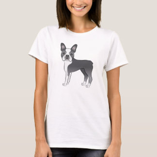 Blue And White Boston Terrier Dog Illustration T-Shirt