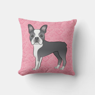 Blue And White Boston Terrier Dog On Pink Hearts Throw Pillow