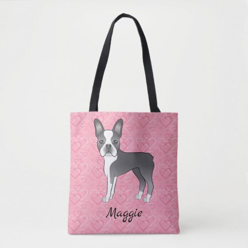 Blue And White Boston Terrier Dog On Pink Hearts Tote Bag