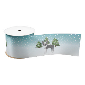 Blue And White Boston Terrier In A Winter Forest Satin Ribbon