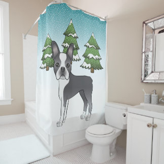 Blue And White Boston Terrier In A Winter Forest Shower Curtain