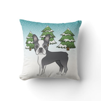 Blue And White Boston Terrier In A Winter Forest Throw Pillow