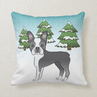 Blue And White Boston Terrier In A Winter Forest Throw Pillow