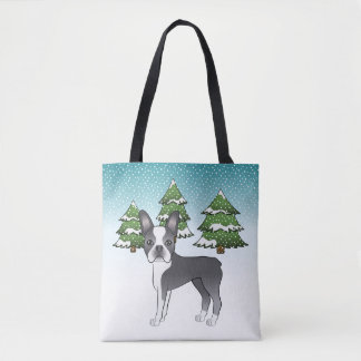 Blue And White Boston Terrier In A Winter Forest Tote Bag