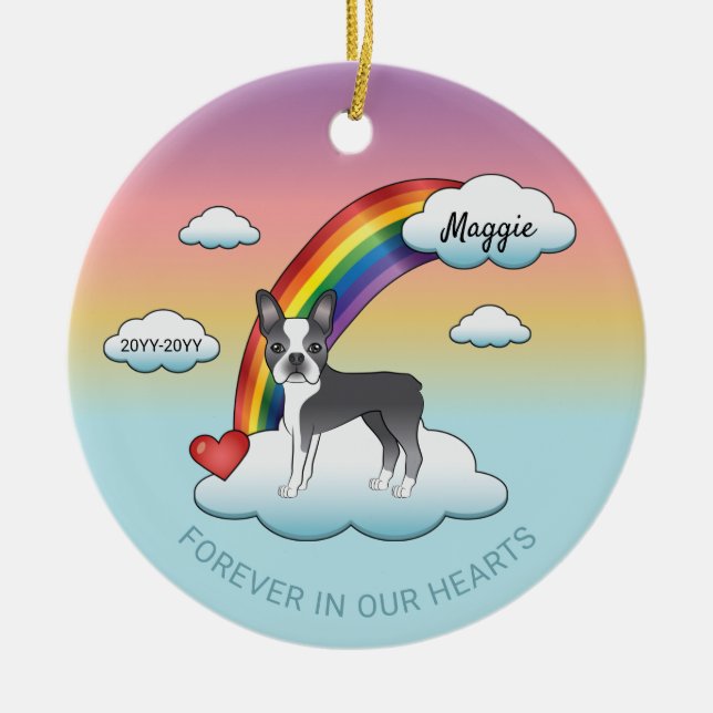 Blue And White Boston Terrier Rainbow Memorial Ceramic Ornament (Front)