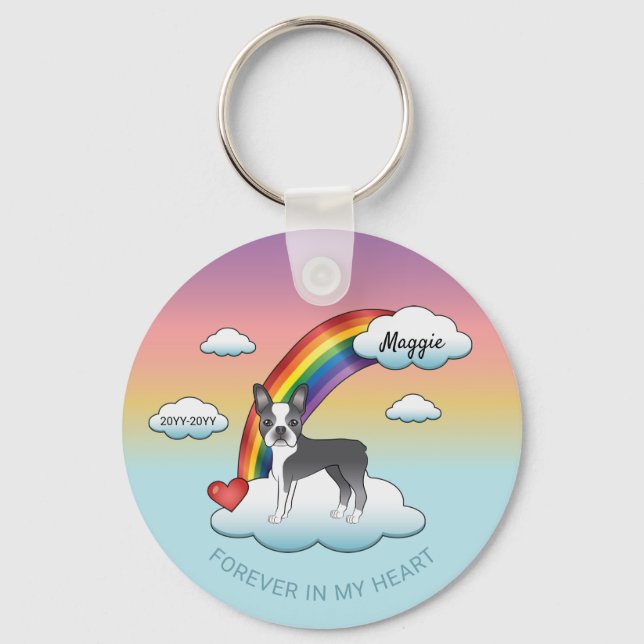 Blue And White Boston Terrier Rainbow Memorial Keychain (Front)