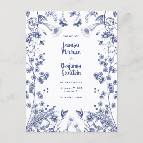 Blue and White Botanical Garden Save the Date Post Postcard