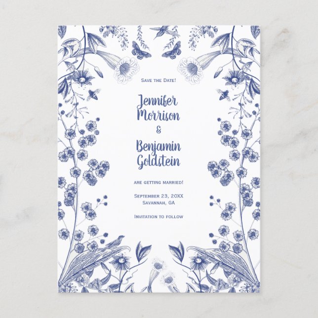 Blue and White Botanical Garden Save the Date Post Postcard (Front)