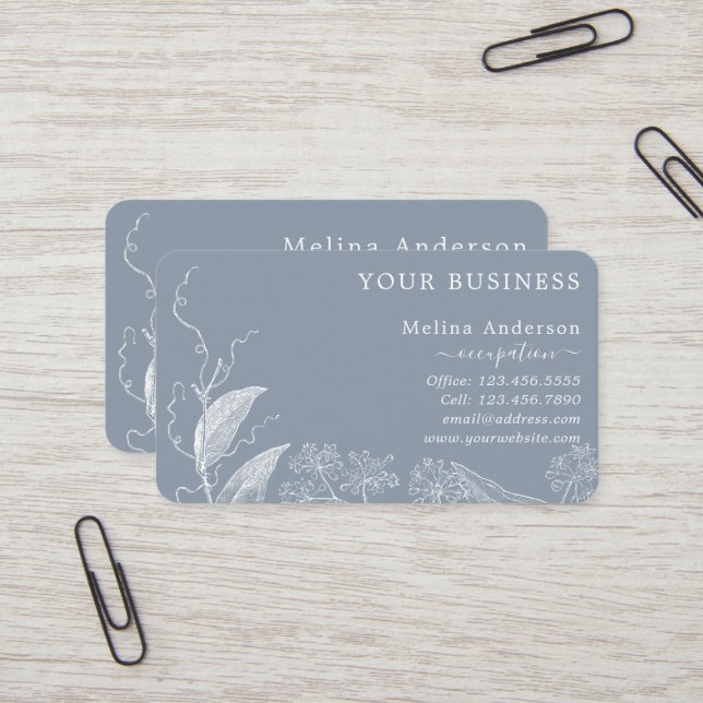 Blue and White Botanical Line Art Business Card (Front/Back In Situ)