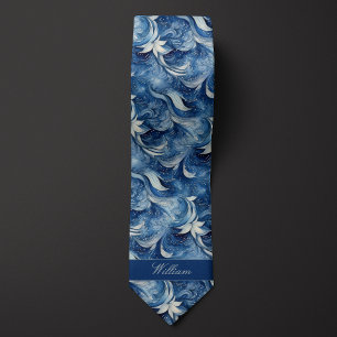 Blue and White Botanical Pattern Neck Tie