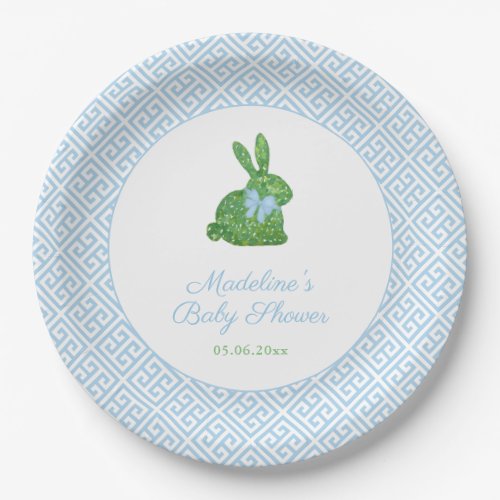 Blue And White Boxwood Bunny Boy Baby Shower Party Paper Plates
