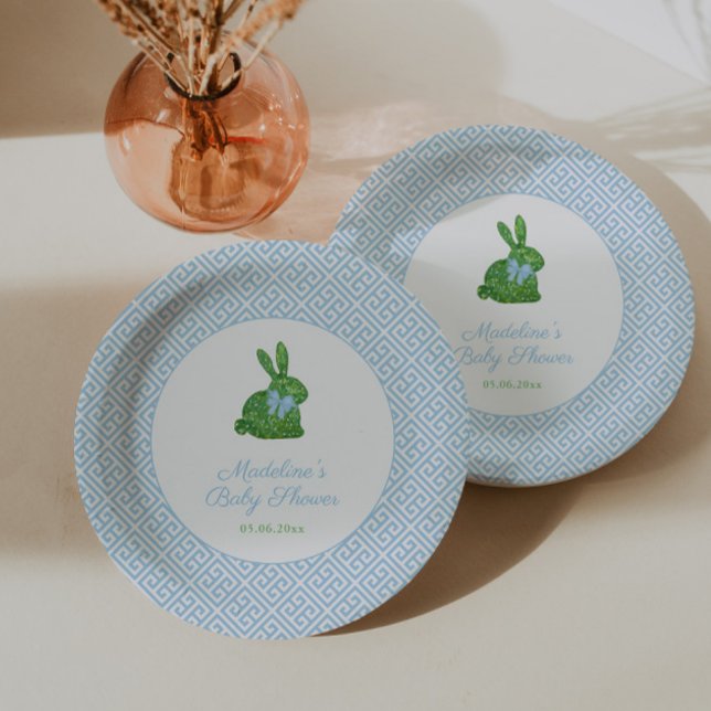 Blue And White Boxwood Bunny Boy Baby Shower Party Paper Plates (Preppy blue and white boxwood bunny baby boy shower or boy 1st birthday baptism party paper plates)