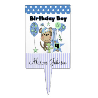 Blue and White Boy Monkey 4th Birthday Cake Topper
