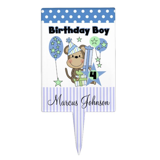 Blue and White Boy Monkey 4th Birthday Cake Topper (Front)