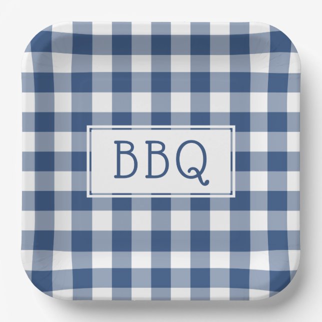 Blue and White Buffalo Check BBQ Party Paper Plates (Front)