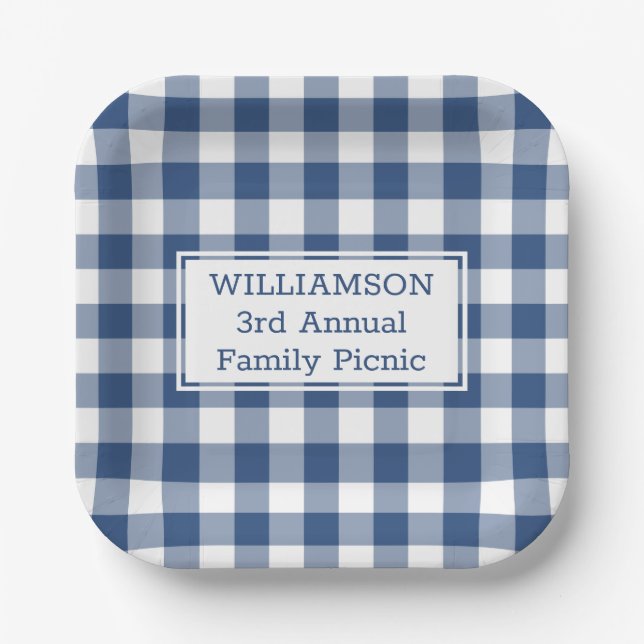 Blue and White Buffalo Check Family Picnic Paper Plates (Front)
