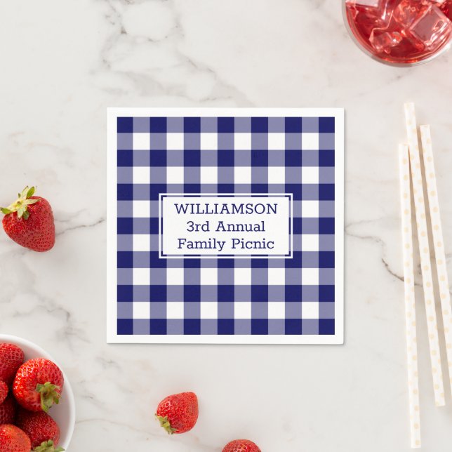 Blue and White Buffalo Check Name Family Picnic Napkins (Insitu)
