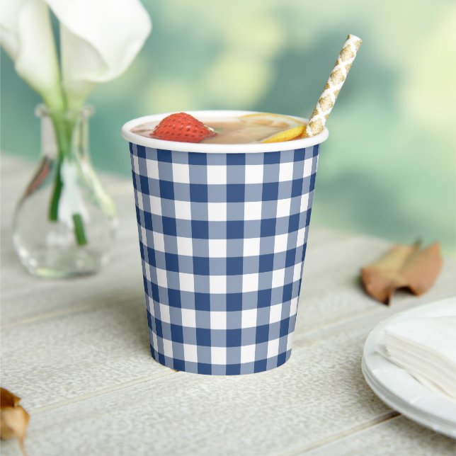Blue and White Buffalo Check Paper Cups (Insitu)