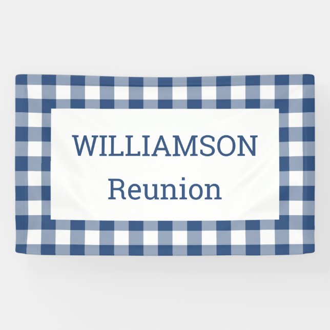Blue and White Buffalo Check Reunion Party Banner (Horizontal)