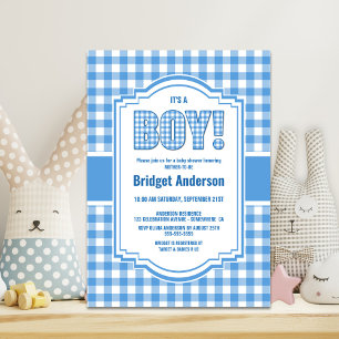 Blue and White Buffalo Plaid Baby Shower Invitation