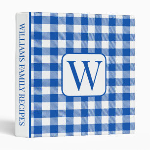 Blue and White Buffalo Plaid Monogram Recipe 3 Ring Binder
