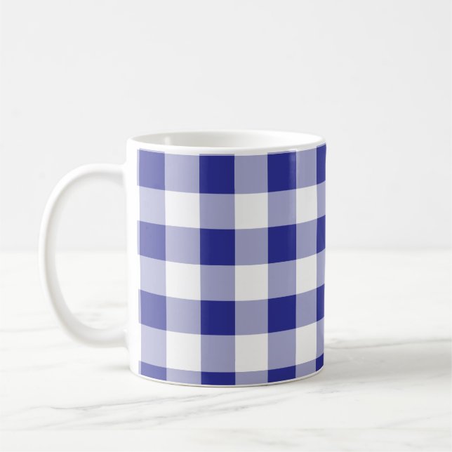 Blue and White Buffalo Plaid Pattern Trendy Coffee Mug (Left)