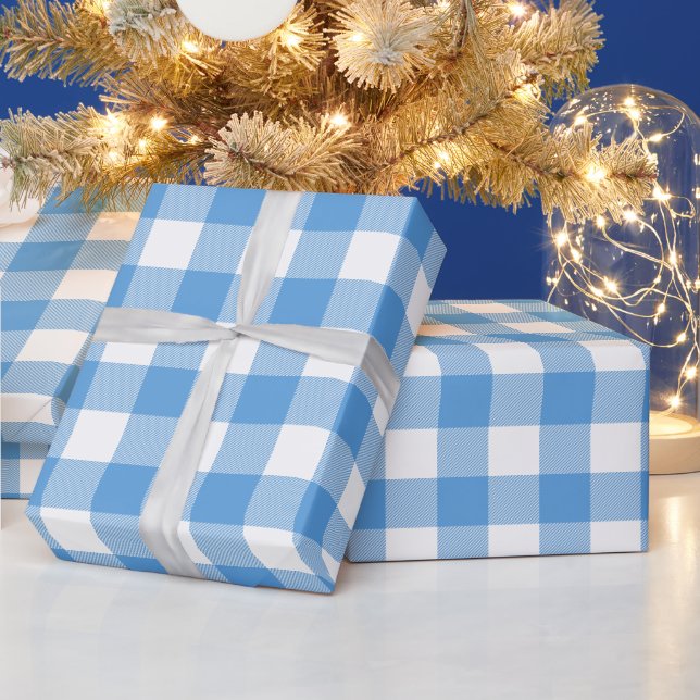 Blue and White Buffalo Plaid Wrapping Paper (Holidays)