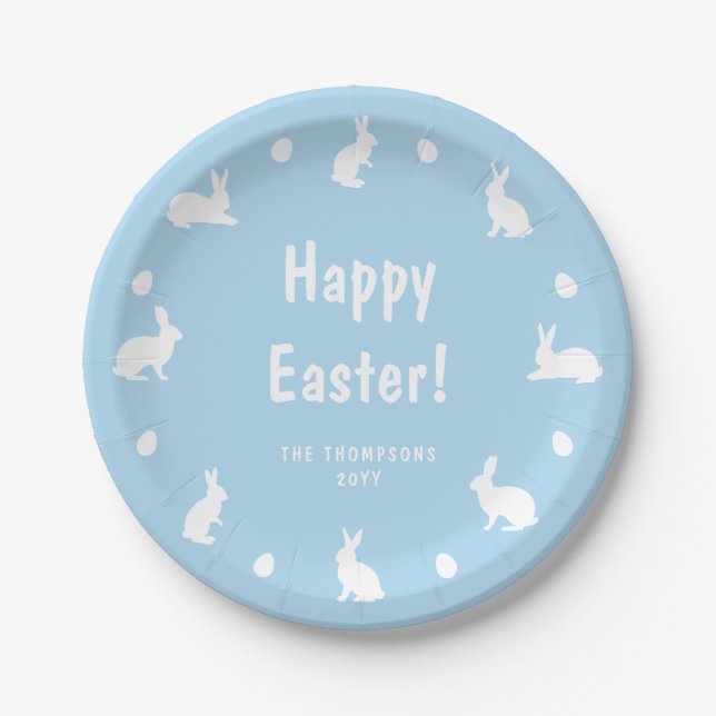 Blue And White Bunnies And Eggs Happy Easter Paper Plates (Front)