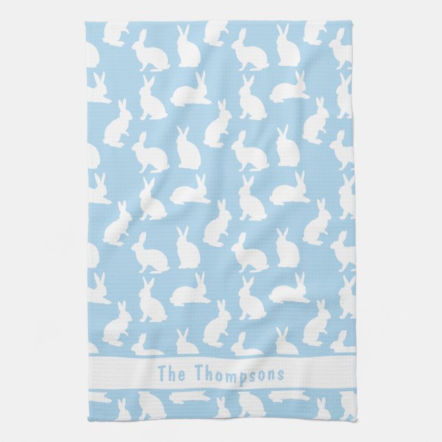 Blue And White Bunny Pattern And Name Easter Kitchen Towel (Vertical)