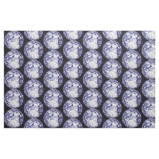 Blue and White Bunny Rabbit Medallion Fabric Black