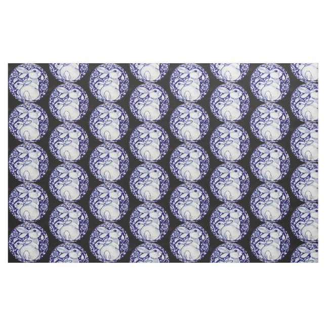 Blue and White Bunny Rabbit Medallion Fabric Black (Fat Quarter)