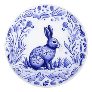 Blue and White Bunny Rabbit Mediterranean Folk Art Ceramic Knob