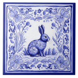 Blue and White Bunny Rabbit Mediterranean Folk Art Ceramic Tile