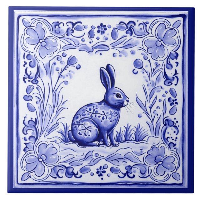 Blue and White Bunny Rabbit Mediterranean Folk Art Ceramic Tile (Front)