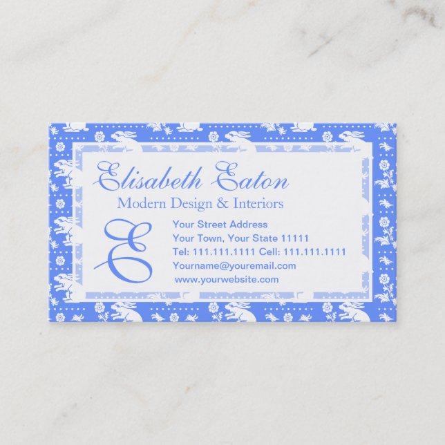 Blue and White Bunny Rabbit Monogram Pattern Business Card (Front)